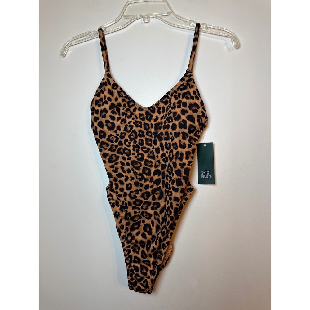 Wild Fable One Piece Swimsuit Womens XXS Leopard Print Ribbed High Leg New